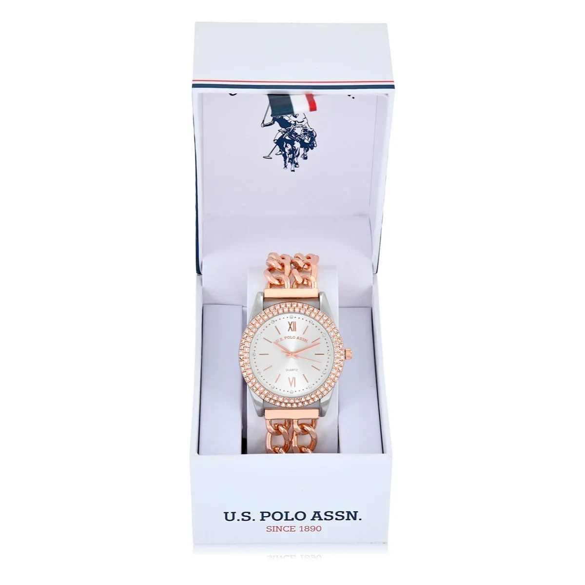 Reloj de pulsera U.S. Polo Assn. con eslabones de oro rosado